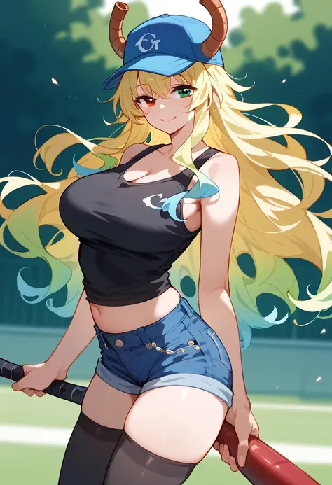 solo, 1girl, lucoa , smile, looking at viewer, heterochromia, baseball cap, dragon horns, black tank top, denim shorts, thighhig...