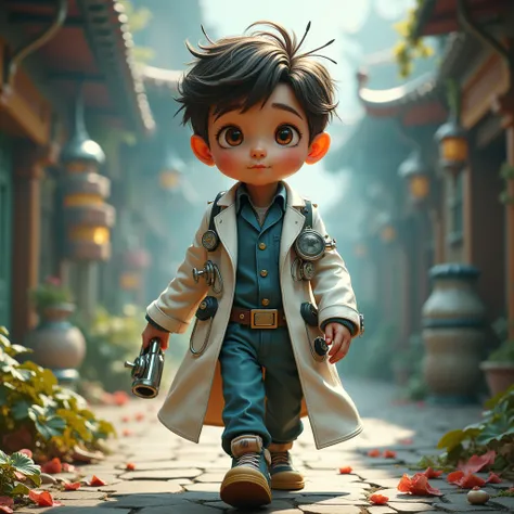 a young boy walking, dressed as a doctor, detailed face, intricate medical uniform, medical tools, photorealistic, 8k, ultra detailed, cinematic lighting, dramatic shadows, vibrant colors, whimsical, fantasy, concept art style