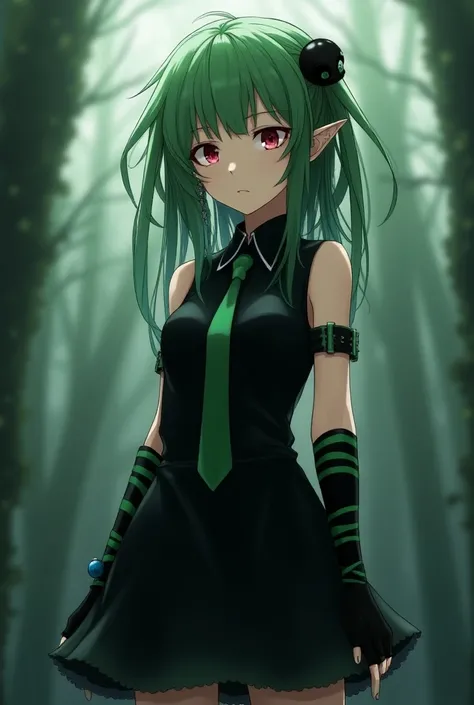 Black elf girl, all green dreadlocks hair, left eye red, right eye blue, two black skull clips, gauges plugs earrings t, black skull clip, black dress sleeveless anime elf style with a green tie and a black button in the middle, black gloves with sleeves g...