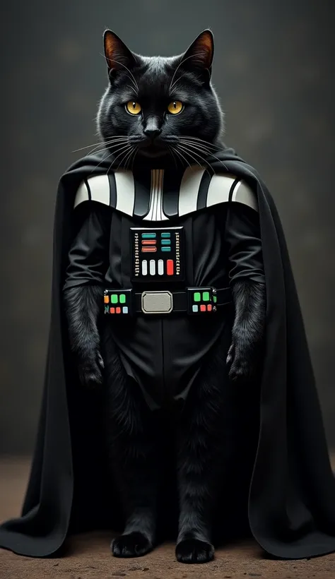 create a black cat, standing wearing the Darth Vader costume