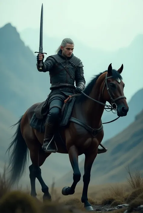 young witcher ,  with a sword in his hands on a horse 