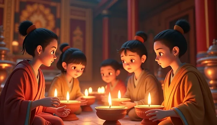 In 3D animation style:Villagers lighting lamps** in the temple, praying for prosperity and expressing their faith in karma.