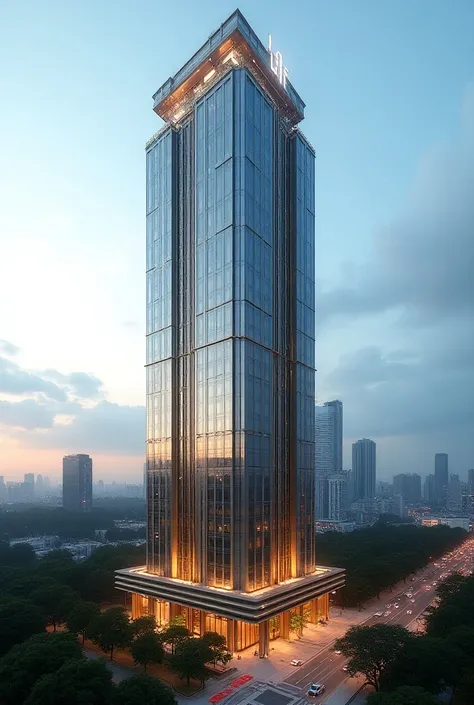 A very luxurious and expensive 30-story building with a LOY sign 