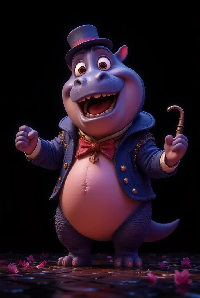 a very cute 3d cartoon purple full-length hippo with big eyes, glossy smooth skin, in a tailcoat, a top hat on his head, a bow t...