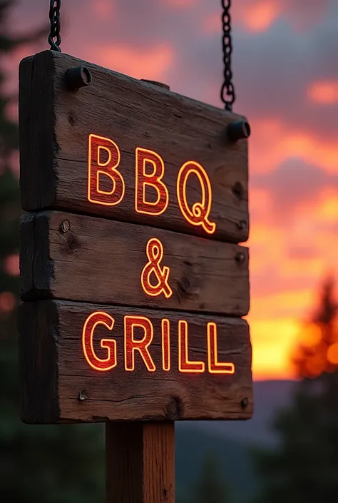  Wooden sign as the title sunset. It has to say BBQ  & grill