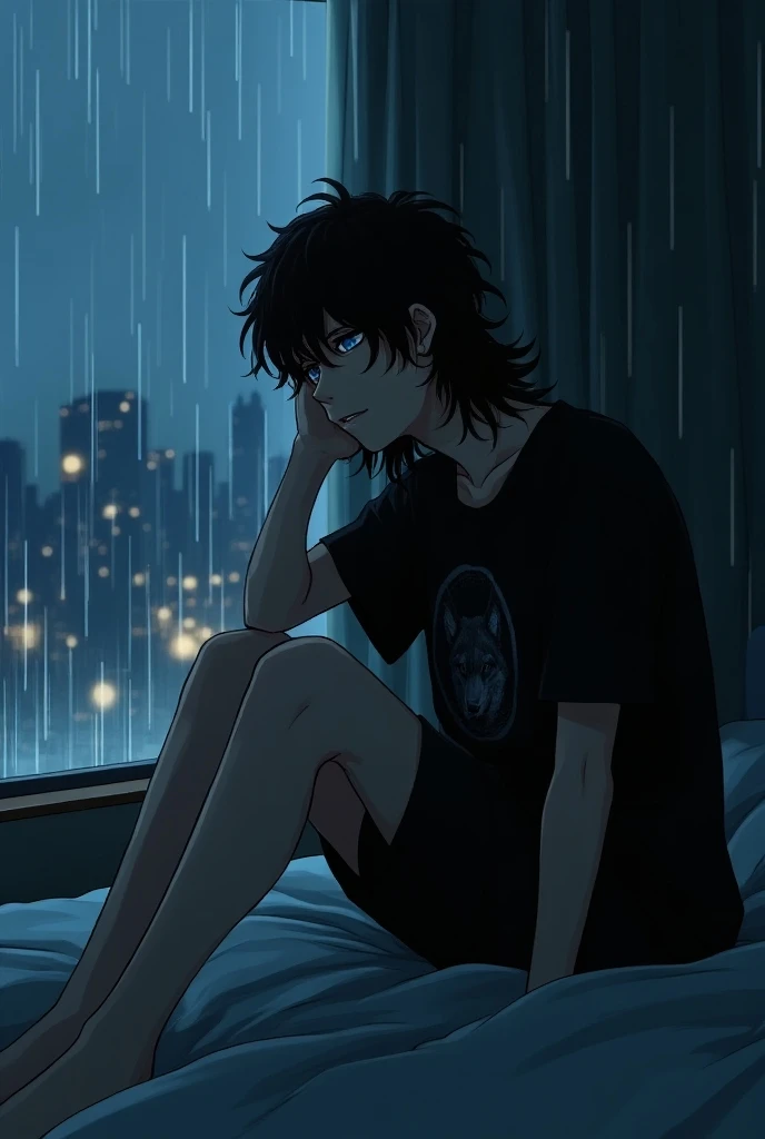 Make an illustration of a twenty years old man sitting on the bed while lazily looking at his bedrooms window — its raining outside at night, the world looks kind apocalyptic. He looks bored and uninterested. Hes wearing a loose black t-shirt with a one gr...