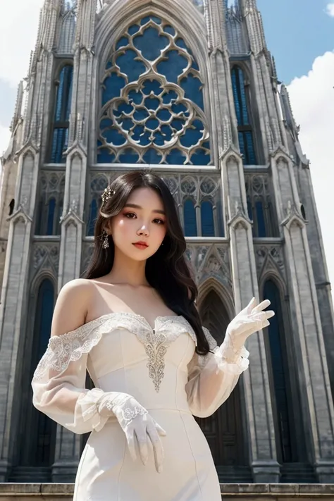 Thai woman, 25 years old, photo,photography, In this image, a young woman is posing elegantly against the stunning backdrop of a grand cathedral with intricate Gothic architecture. She is wearing a chic off-shoulder white dress, paired with long black velv...