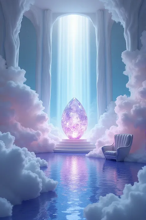 Glass office in the clouds , with a heavenly quartz altar and an amethyst egg , an armchair made of fenix feathers and the floor of crystal clear water