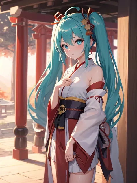 A beautiful young girl in traditional Japanese miko attire (red and white priestess clothing) holding a katana in a poised stance, She stands gracefully, surrounded by a serene temple setting with autumn leaves falling around her,The background shows a tra...