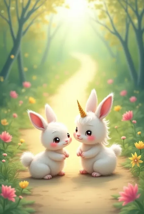 Illustration of a small, fluffy rabbit with big ears and bright, friendly eyes, standing next to (unicorn )Lumina. The background shows a clear path lined with flowers and greenery, hinting at the way back home. Lumina looks relieved and happy to have comp...