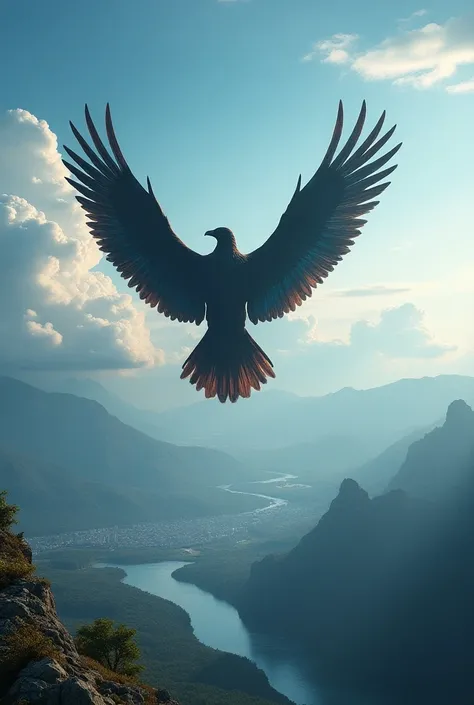 a gigantic bird flying high above looking at the Earth 