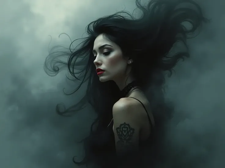 A femme fatale lost in thought, surrounded by swirling clouds of smoke and mist, illustrated in a style that blends Film Noir and Impressionism, with moody, monochromatic tones of midnight and platinum