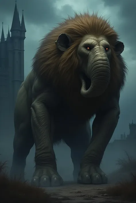 Create a hybrid animal or fusion between a lion and an elephant that is roaring , realistic graphics  , diabolical style and in the background a dark night with a castle in the background  