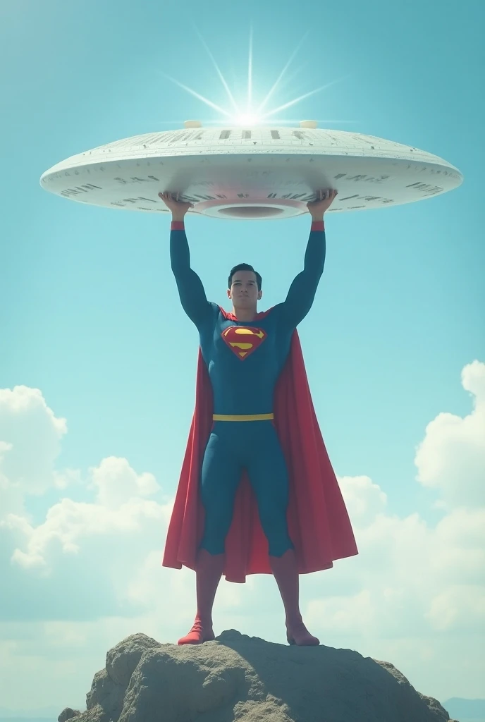 Superman holding a very big white ufo in sky