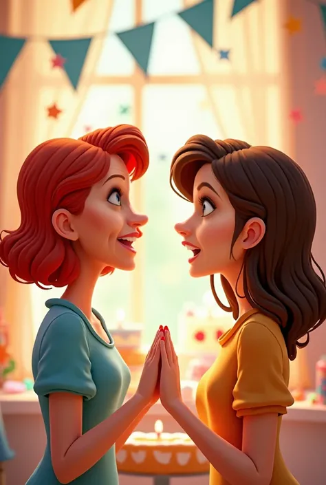 Two animated style women, one with short red hair , And another one with medium-long brown hair that they feel happy to say" Happy birthday Mabel "