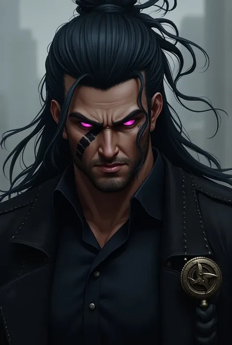 A man, with large,  slender and strong build .  He has a large scar under his left eye ,  which is horizontally from the beginning of his face to across the base of the nose .  The eye color stands out dangerously pink .  His outfit kept black . He has red...