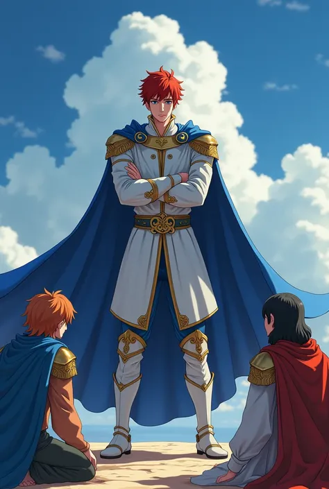 make me a photo with a king in white with blue and black also his hair has to be red and make him like with a modern clothes clothes also he has no cape and black on the clothes and make 5 people kneling at him and he has to look menesing and the people on...