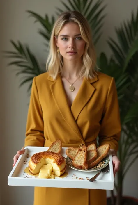  You didnt search for the plate . Kd the toasts , the cheese melting???

 Photo Realísta. half body.
Receita bola de puff pastry  com queijo brie derretido com mel para passar nas TORRADAS.
 ● Beautiful woman with medium blonde hair ,  half-tied . 
 ● Deli...