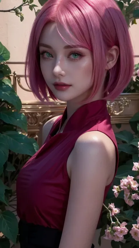 a close up of a woman with a pink hair and a red top, beautiful girl with green eyes, beautiful girl with short hair, beautiful girl with pink hair 