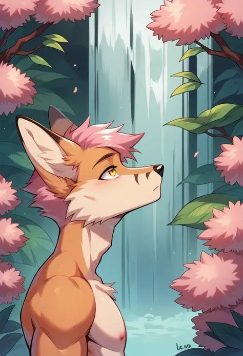 Solo, male, anthro kitsune fox, oriental, athletic, slim, beige body, pink hair, waterfall, solo, male, fox, colored body fur, fluffy fur, yellow eyes, lean body, anthropomorphic kitsune, femboy, muscle, pink hair, bara, portrait head, portrait, for profil...