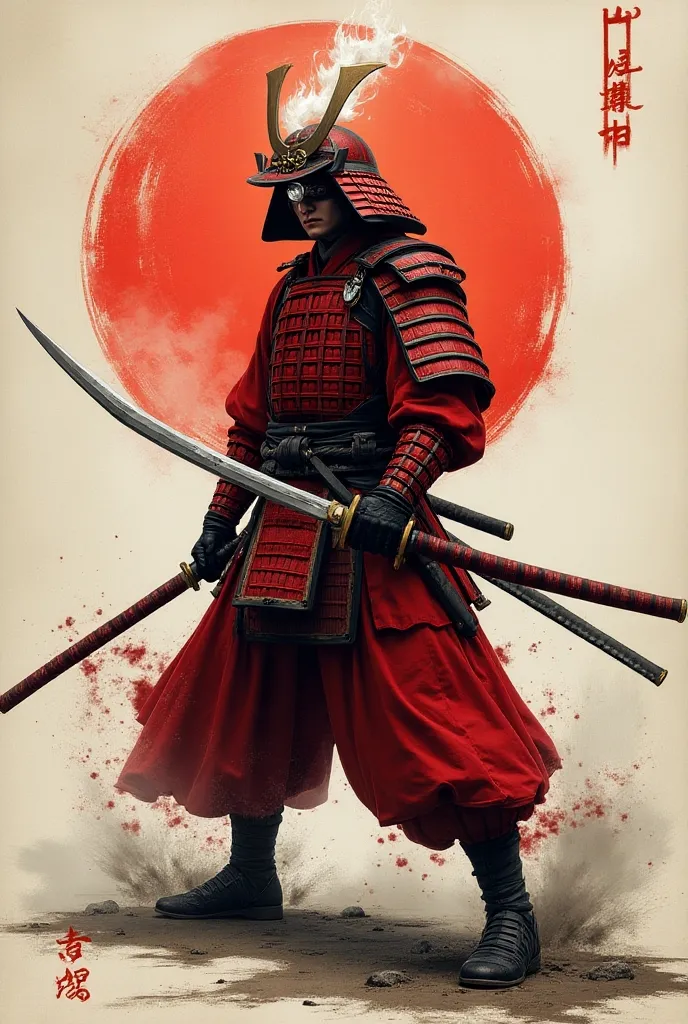 Score_9, Score_8, Score_7_up, 1man, samurai, white flame eye, red samurai armor, red helm, pocket, japan, (((Sword, Single-edged:1.5, Japanese Sword, perfection, perfection detail:1.5, great katana, huge, long))), ((both hands, Have)), Stance, Low body strength , dynamic, Oblique angle:1.2, (((Ink painting, force, shortage々Nice touch ))), forceのある刀, angle