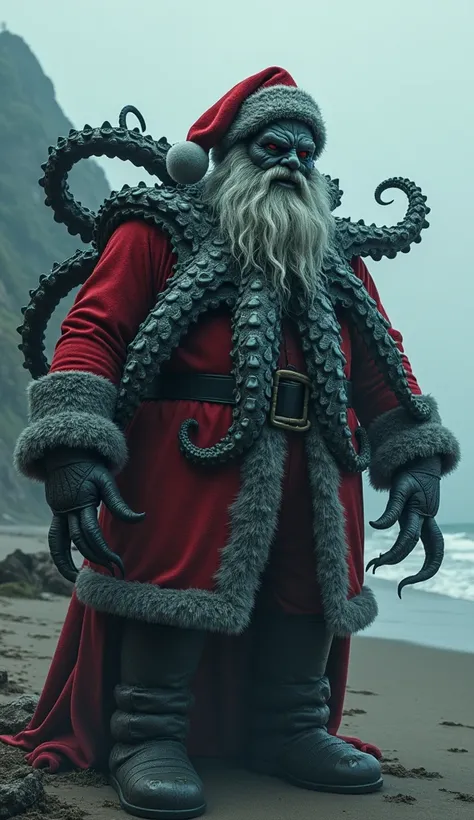  Image of a hybrid of Santa Claus and Octopus ,  with an imposing and frightening look : " Develop a creature Complete and imposing between Santa Claus and an octopus ,  facing the camera .  This hybrid has Santa Clauss bearded face with intense eyes and a...