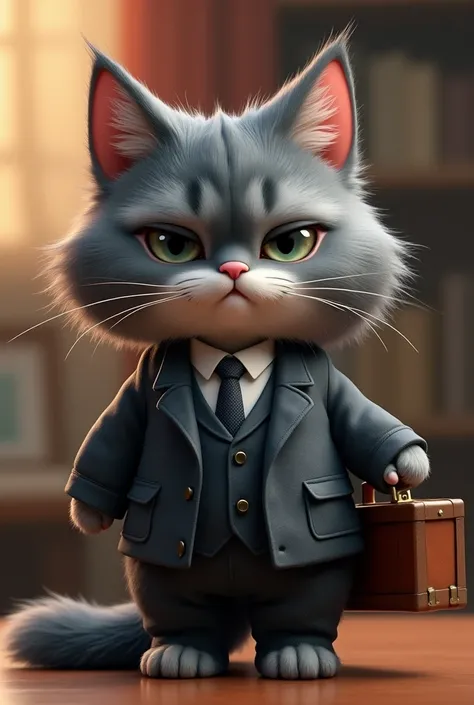 Fantasy. A cartoonish, 3D, cat with water-drop-shaped head, with fluffy, feather-like fur with suit and briefcase in legitimate CEO style, looking irresistibly cute. Her round, dark eyes are wide and expressive, with an endearing focus that makes her look ...