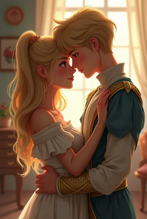 A blonde haired brown eyed teenager girl leaning her forehead against a artfully messy blonde haired teenager boys forehead and he has ice blue eyes and is dressed like a cute prince the girls hands are wrapped around the boys neck and the boys hand is pre...