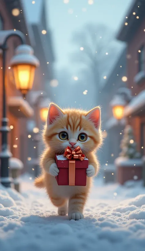 a kitten carrying a gift box with ribbon, winter city street, detailed fur, cute expression, gift box with bow, snow-covered buildings, street lamps, falling snow, atmospheric lighting, photorealistic, highly detailed, masterpiece