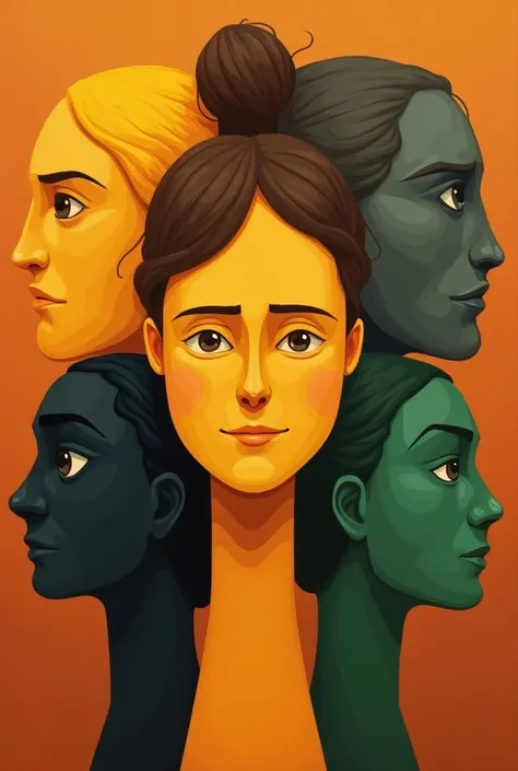 The brown background in the picture features 2D justice in the center. All sides have drawings related to feelings. Every feeling has a different color. Hope is yellow. The face is optimistic. Sadness is black. The face is sad. The face is gray, the face i...