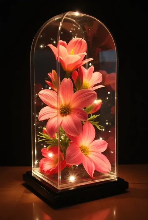 Illuminated flower arrangements with LEDs , that are contained in a transparent square plastic dome and a personalized gift base can be, 