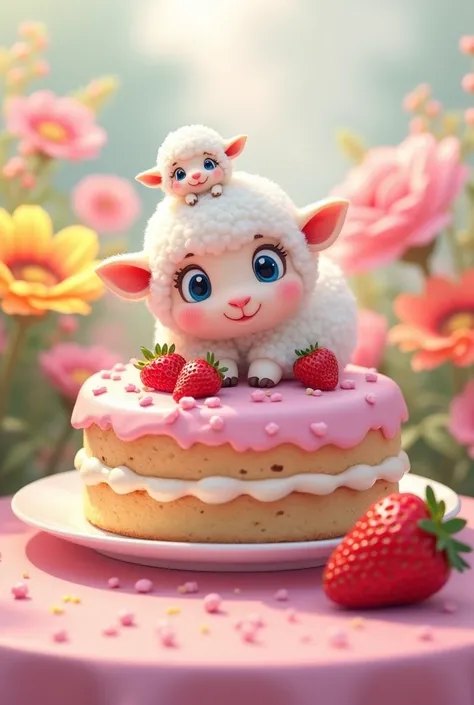 A small kawai sheep with big white eyes and a light blue pupil with a strawberry cake and on top of it a much smaller sheep smiling on a pink table with flowers HD a lot of quality