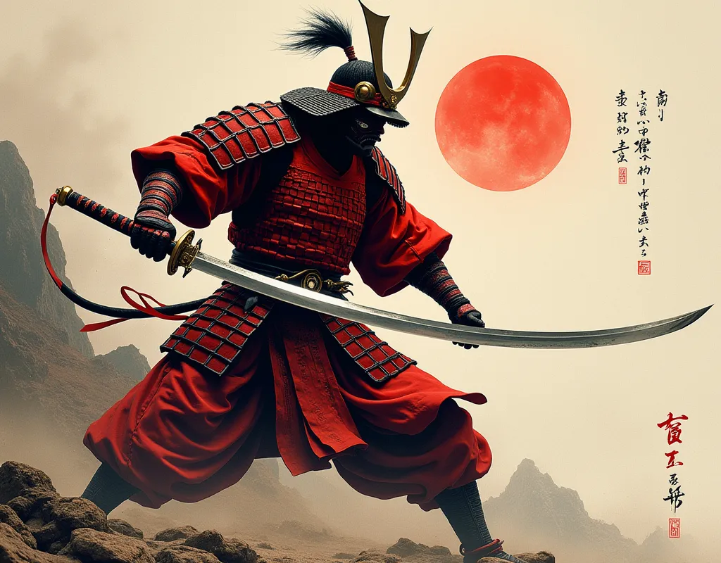 Score_9, Score_8, Score_7_up, 1man, samurai, white flame eye, red samurai armor, red helm, pocket, japan, (((Sword, Single-edged:1.5, Japanese Sword, perfection, perfection detail:1.5, great katana, huge, long))), ((both hands, Have)), Stance, Low body strength , dynamic, Oblique angle:1.2, (((Ink painting, force, shortage々Nice touch ))), forceのある刀, angle