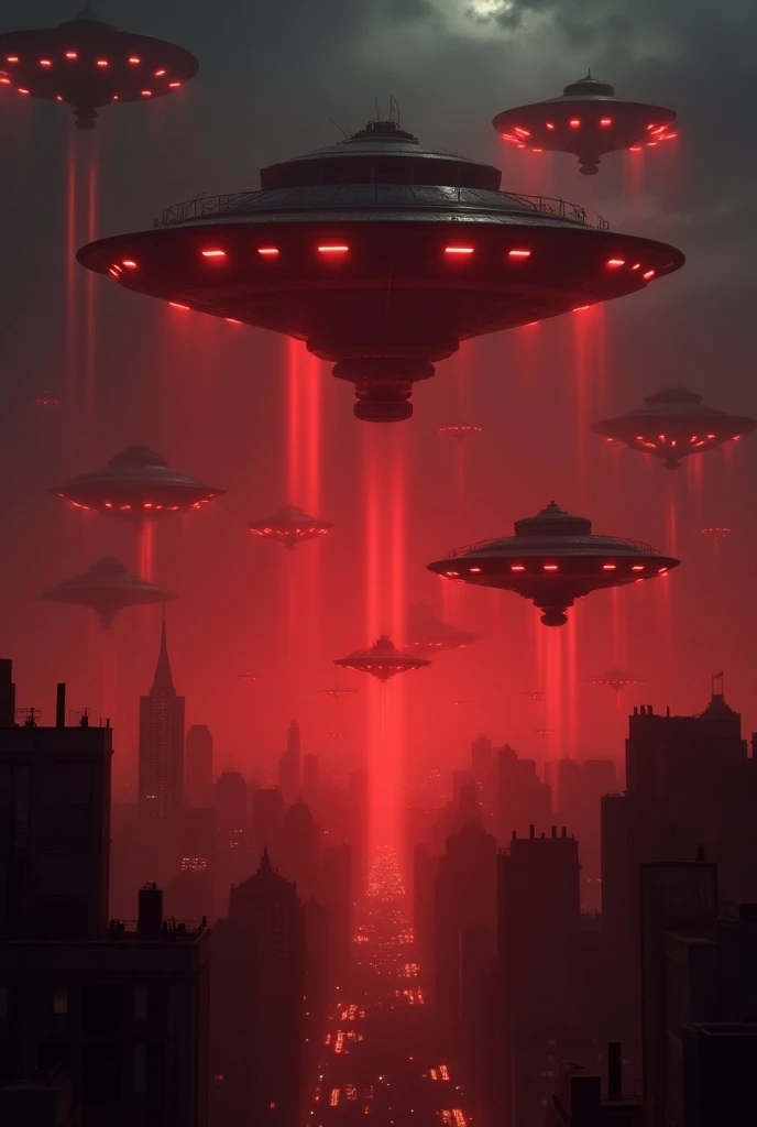 Alien invasion at night, red lights falling from thousands of  ufos from distance on buildings and some times red lazers falling too