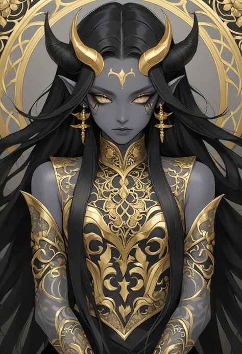 demon,  black hair ,  long hair, grey skin,  gold pattern , androgyne 
