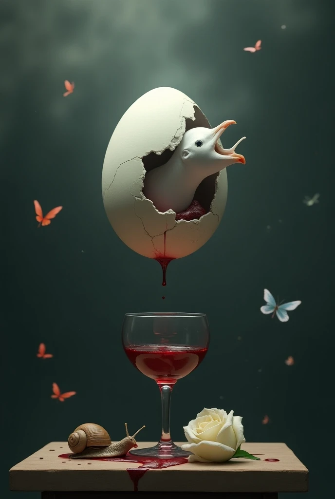 (An egg WITH BLEEDING CRACKS floating in the air),  the head of a white dove with its beak open inside the egg ,  desperately trying to escape through a small opening side.  The egg floats 50 cm above the surface ,  and blood drips from the cracks ,  falli...