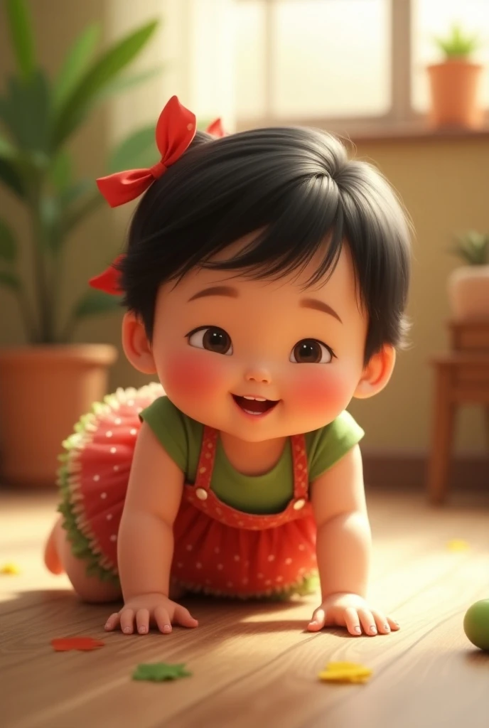 A baby crawling smiling ribbon in her hair with black hair red and green dress with an outstretched hand wanting to grab something