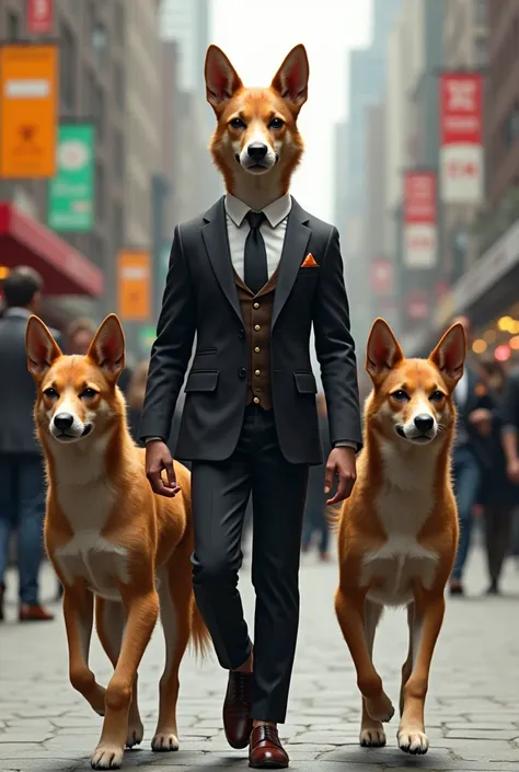 
dog with human body with very realistic dog skin, dressed in a suit with his humanoid dog partners on the side, on a walking street