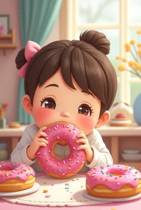 Create a cute chubby girl (teenager) eating a donut, make it just like a cartoon