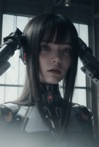 cyber girl with pale,cracked skin gazes sideways,her fragile form encased in a cyborg exoskeleton. Hydraulic mandibles frame her mechanical mouth. Intricate dieselpunk engines and hydraulics surround her in a harsh,gothic environment. Dark red eyes reflect...