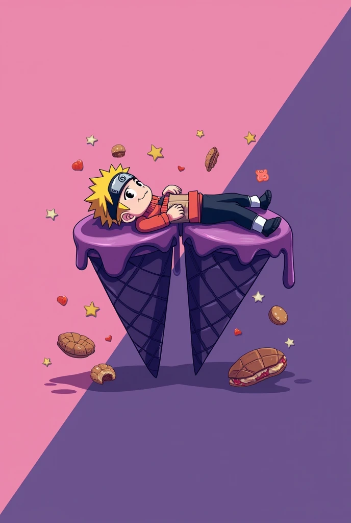 Boruto laying down on two large purple icecream cones sticked together from the right side of them imagining  breakfast items with background of two colours diagonally pink on left side purple on right side