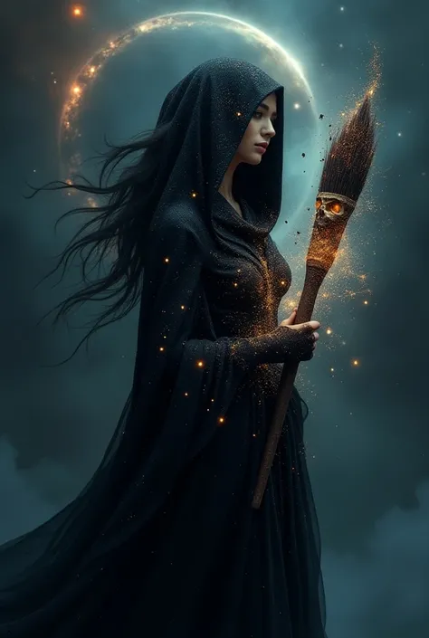 
No


---

"An ethereal woman cloaked in a cosmic hood, with stars and galaxies woven into her attire, stands in a dark, mystical space. Her face is visible with striking features and jet-black hair flowing as if part of the stars, merging with swirling ga...