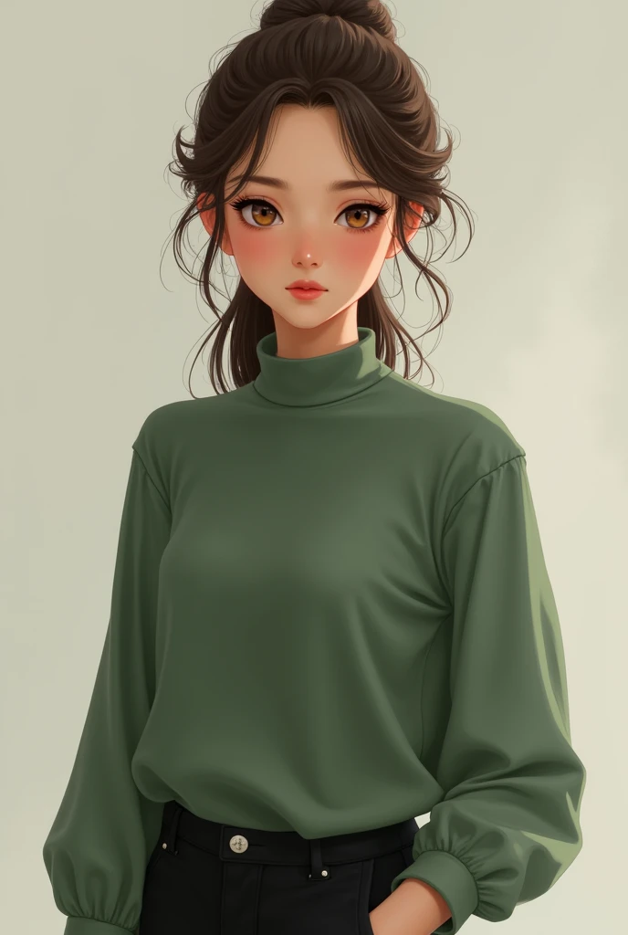  girl with natural tanned skin with brown eyes that reflect calm and light brown hair tied in a messy ponytail , face with fine features wearing black pants and a green long-sleeved high-neck blouse. 