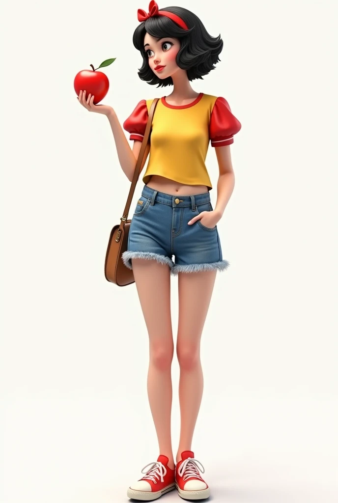 Princess snow white wearing a yellow t shirt with puff ,blue denim shorts , she is eating a apple, wearing red sneakers, has short wavy black hairs , wearing red hairband ,white background 