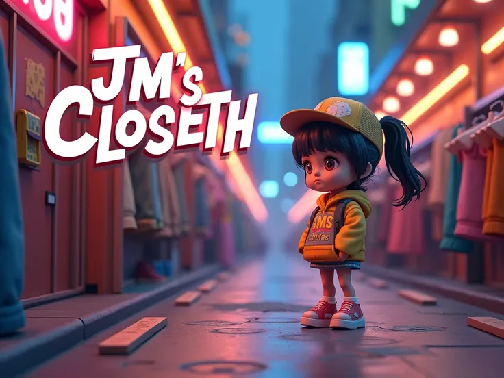 A stunning 3D render of a cool streetwear-clad young chibi girl browsing through a girls clothing and shorts store, with vibrant colors and graffiti-inspired typography. The young chibi girl is looking at the clothes and shorts with excitement and interest...