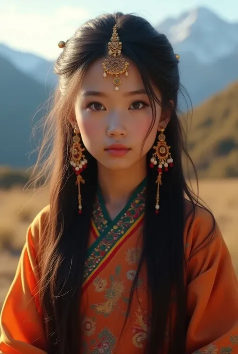 a Tibetan girl wearing a traditional Tibetan dress, long hair, beautiful detailed eyes,beautiful detailed lips,extremely detailed eyes and face,longeyelashes, traditional Tibetan jewelry, intricate embroidery patterns on the dress, natural setting outdoor,...