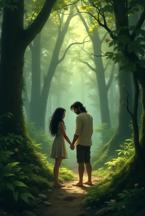 A beautiful girl with black hair wanders in the forest. She met a beautiful twentysomething guy with long hair and good stature, but they seem shy and do not hold her arm 