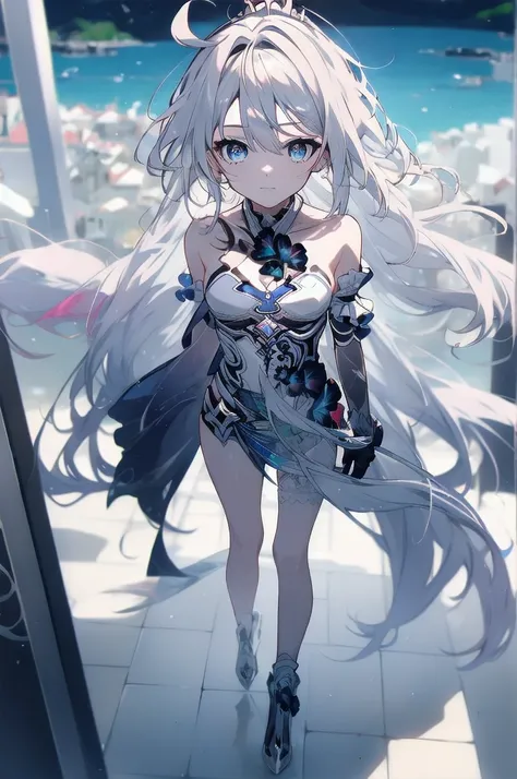 ((full body)),1 person, Alone, whole body, (Best Quality,8k, high resolution on down,masterpiece:1.2), very detailed,(Anime), The End of the Lord, Kiana  (Serious impact 3)  very long gray hair ,  blue eyes, Alone,  very detailed顔の特徴, Small and beautiful e...