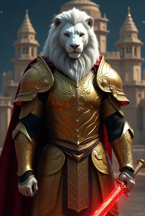 masterpiece, 8k, best quality, highly detailed, a white lion knight in full golden plate armor with a and red crystal sword protecting India castle at night 