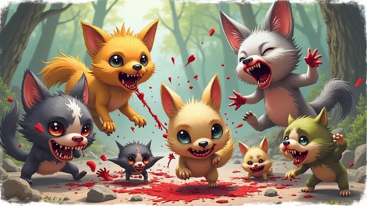 An epic battle between mixed animals, the animal is cute but the battle ia brutal and bloody, the caharacter is simmiliar to happy tree friends, there should be various mixed way of killing , such as breaking bone, strangling etc